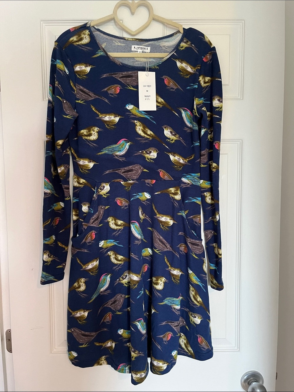 Lily & Co. Navy Long-Sleeve Bird-Print Fit-and-Flare Dress